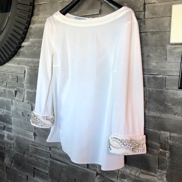 Prada white cotton blouse crystal cuffs - Picture 3 of 9